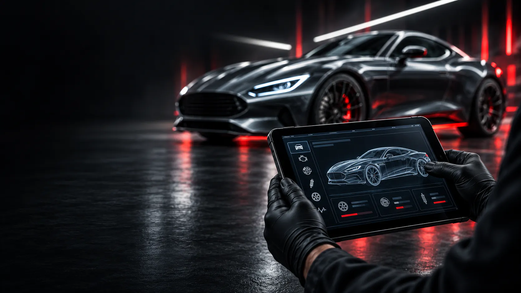 Gloved hands holding a diagnostic tablet that shows the outline of a car, with a graphite coupe out of focus behind