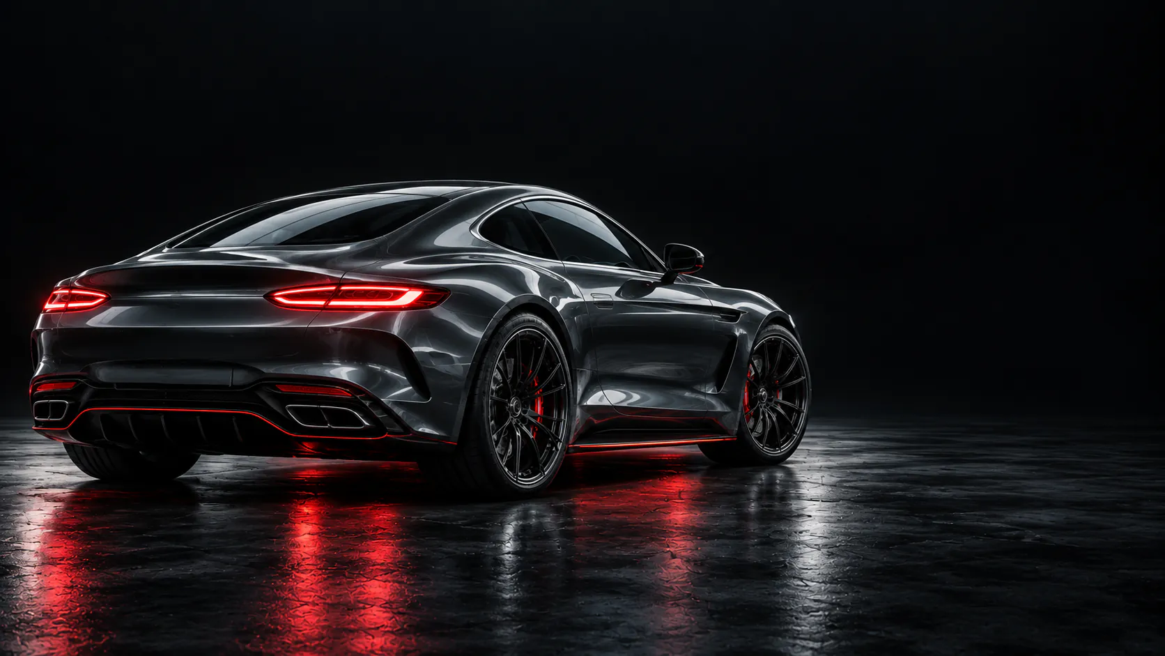 The graphite coupe from behind in a dark studio, its red tail lights reflected on the floor